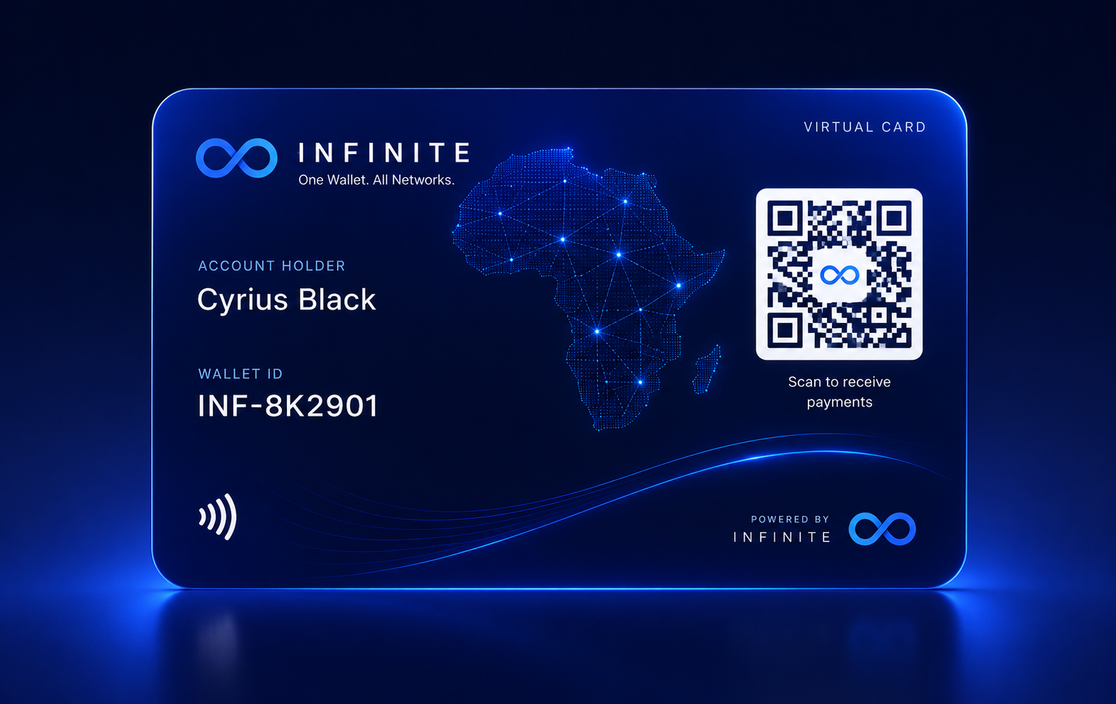 Carte virtuelle INFINITE avec QR et carte de l'Afrique